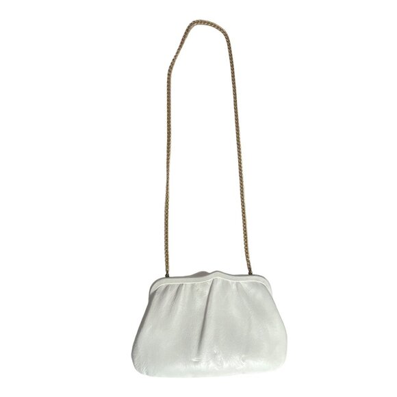 Vintage 60's Unbranded Women's White Leather Chain Strap Hinged Evening Clutch S - Picture 1 of 9